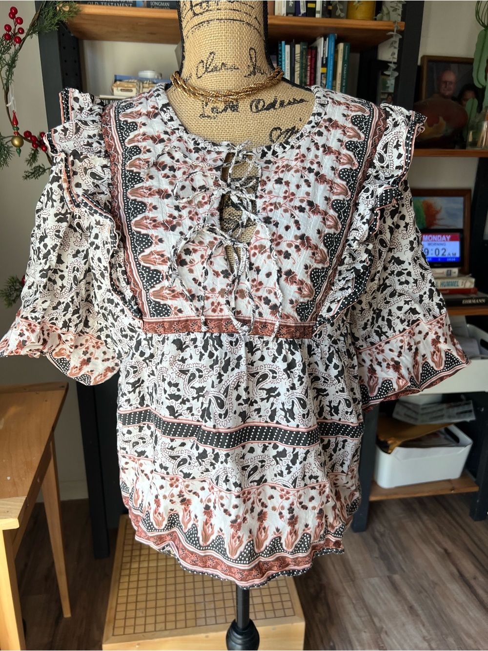 Calypso St. Barth White Peasant Blouse with Rust and Black Print